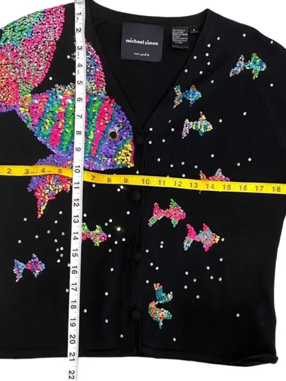 Michael Simon Vintage Sweater Small Y2K Cardigan Silk Art to Wear Fish Seascape - Picture 9 of 16